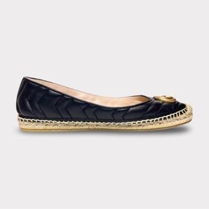 Gucci Black Quilted Leather Espadrille Flat with Gold Accent